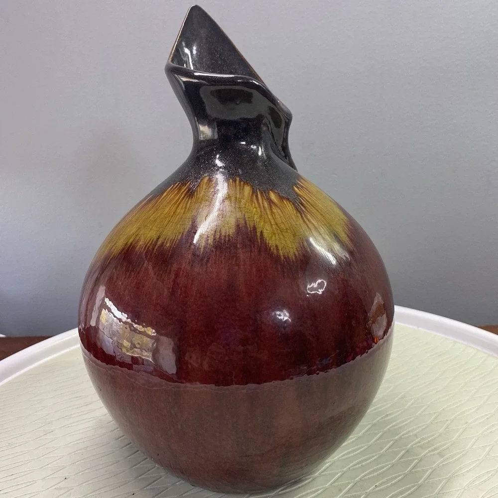 Ceramic Red/Yellow&Gunmetal Vase With Unique Shaped Rim 10.75